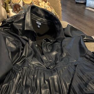 Chic Black Leather dress with pleated bottom. Belt . From scoop new